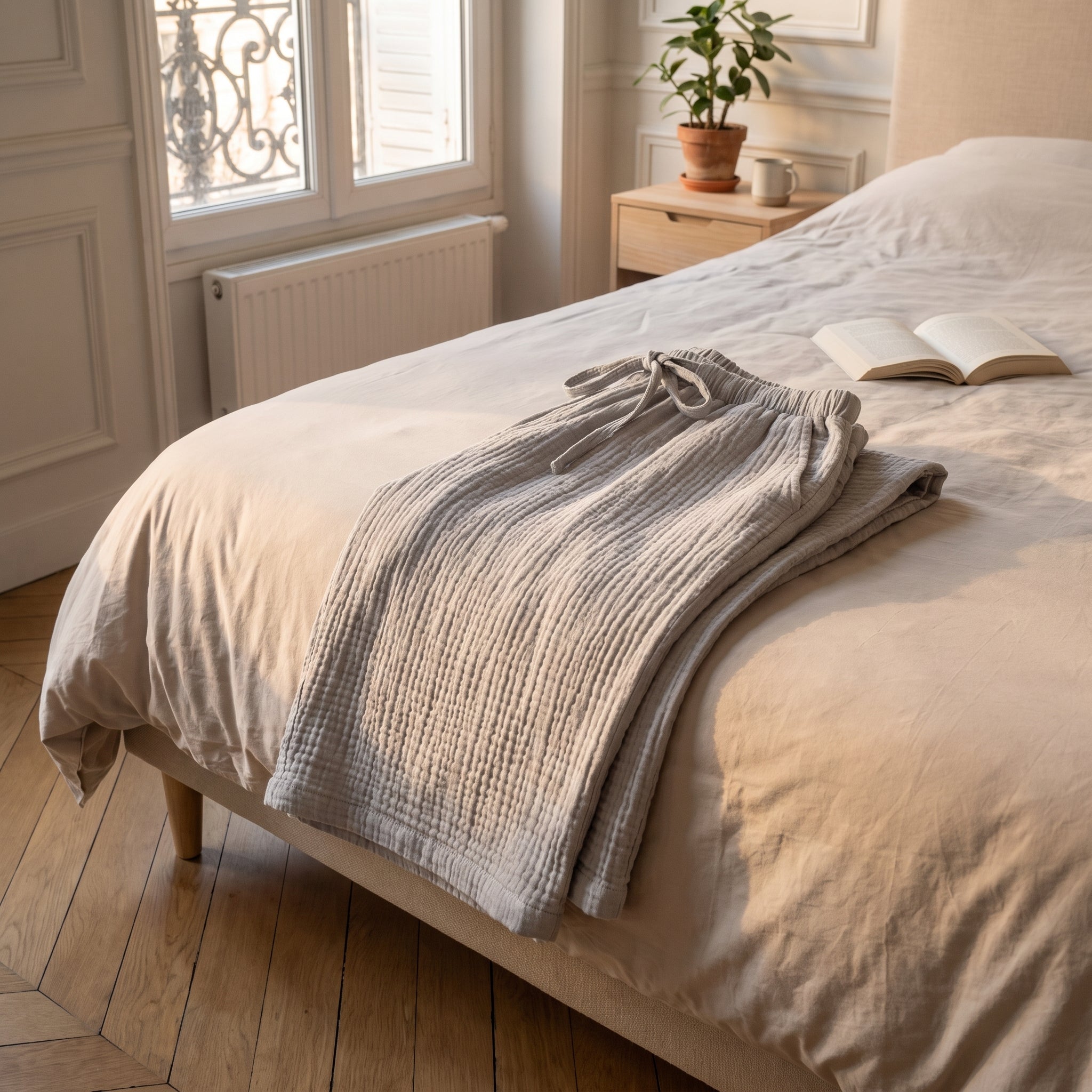 Pantalon d'intérieur en gaze de coton gris plié au pied du lit Image