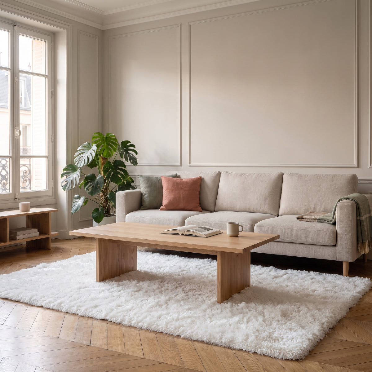 Tapis en fausse fourrure blanc étendu dans un salon clair devant un canapé