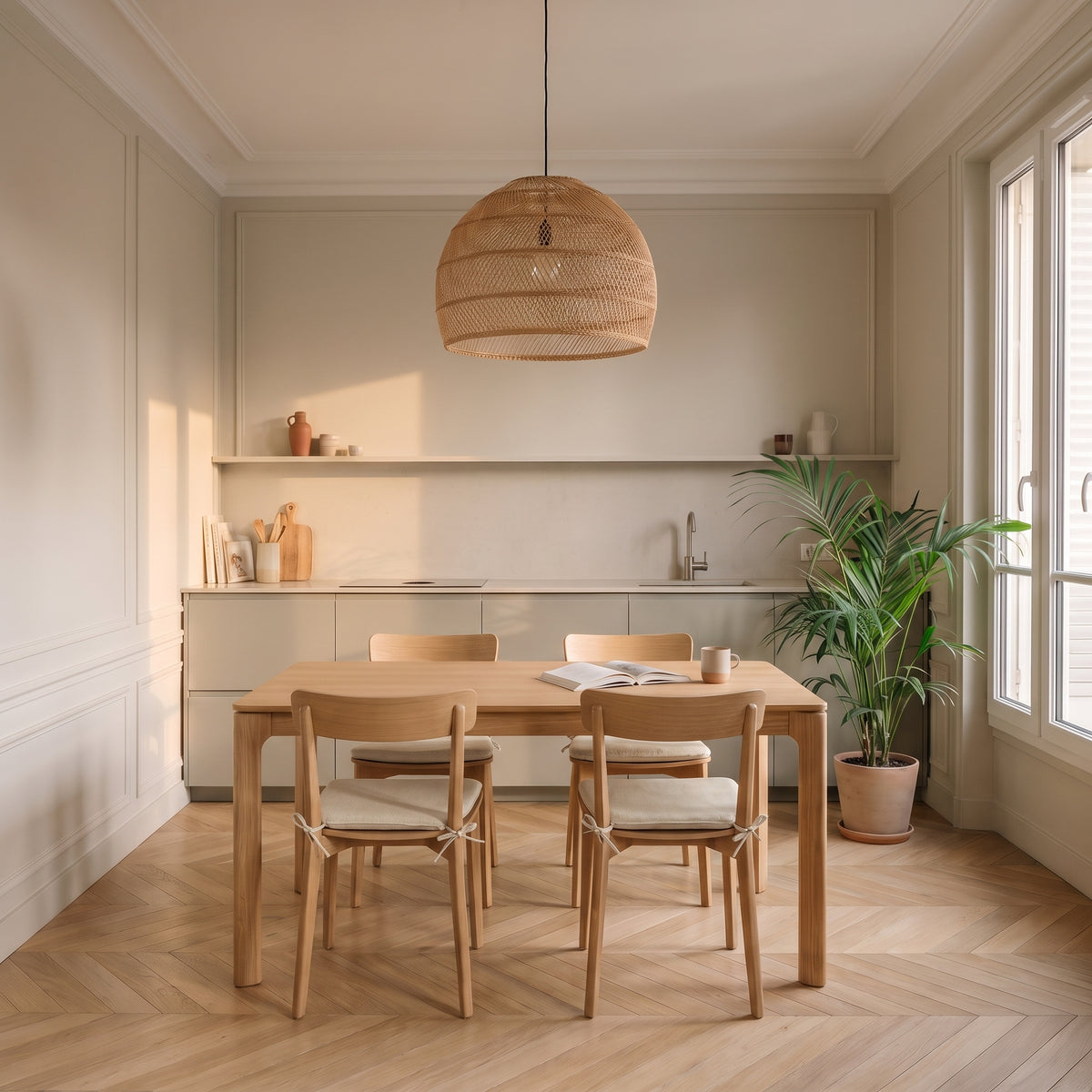 Lot de coussins de chaise blanc installé autour d’une table en bois clair
