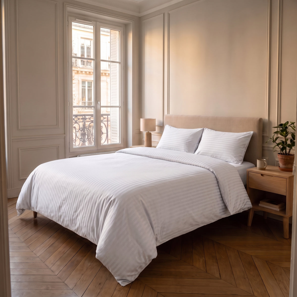 Parure de lit rayée blanche, housse et taies, vue d'ensemble dans la chambre