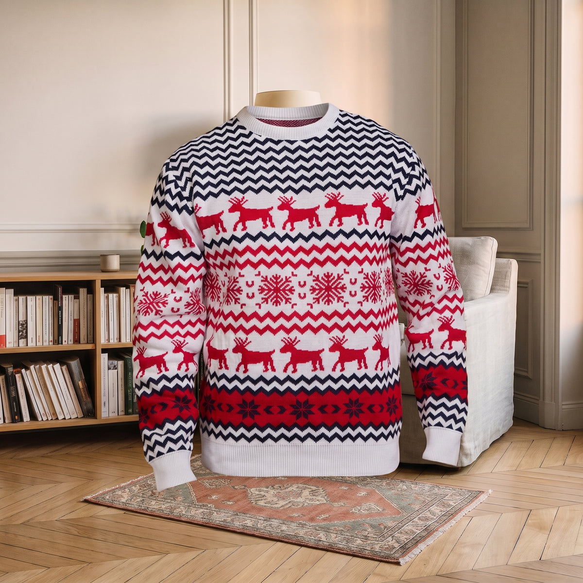 Pull de Noël blanc à petits rennes et chevrons présenté de face dans le coin lecture