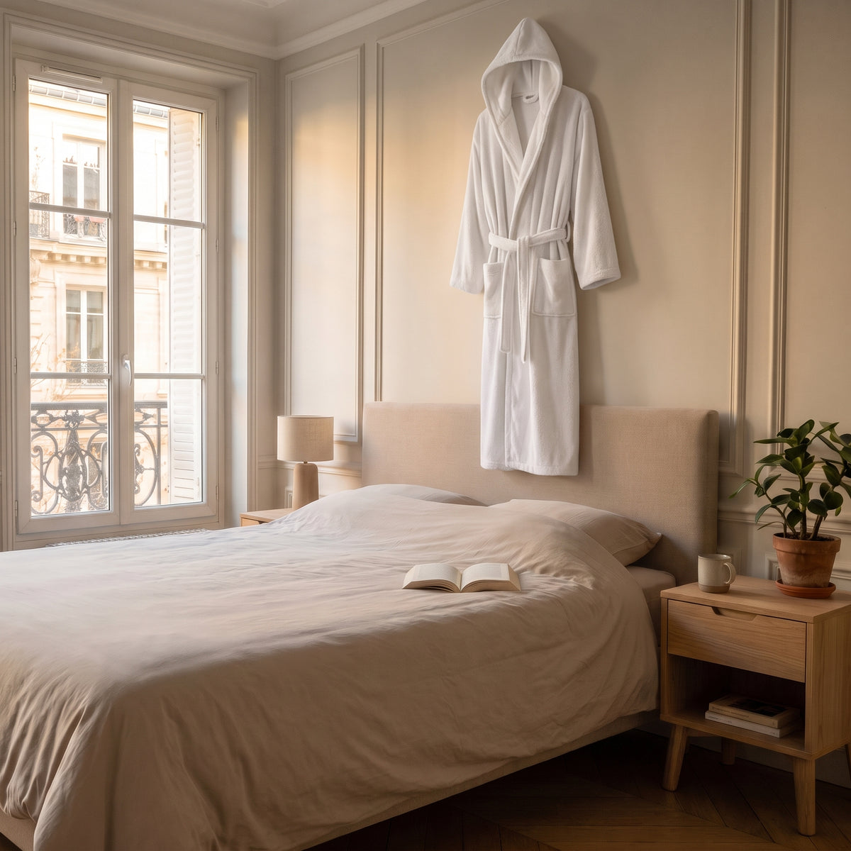 Robe de chambre longue homme blanche suspendue dans la chambre