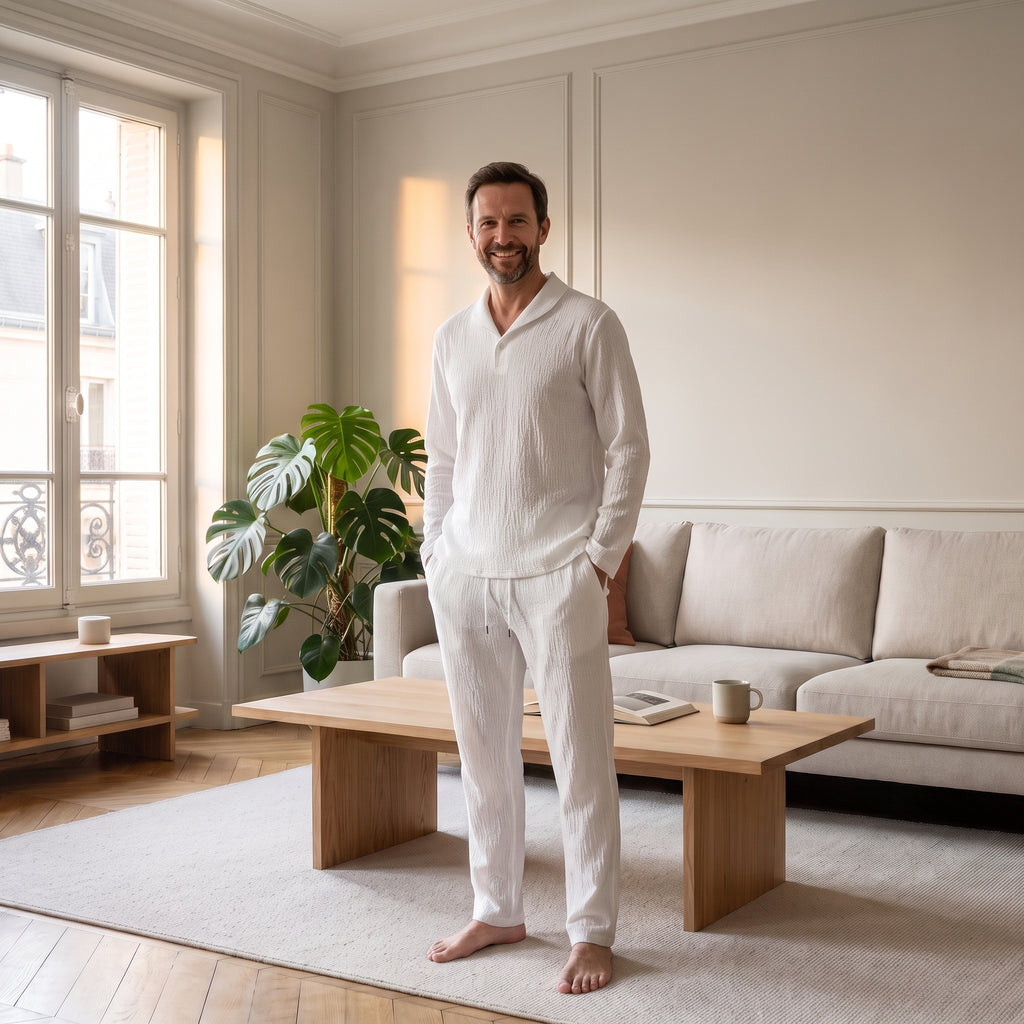 Homme portant l’ensemble blanc texturé, les mains dans les poches latérales du pantalon