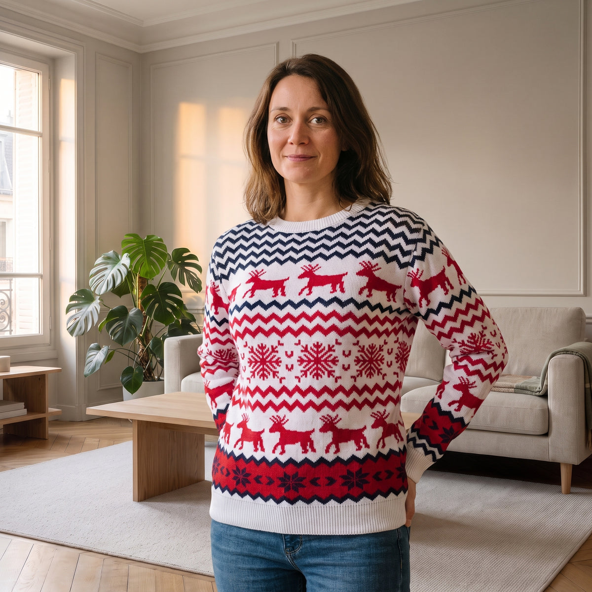 Pull de Noël blanc à rennes modèle femme porté dans le salon