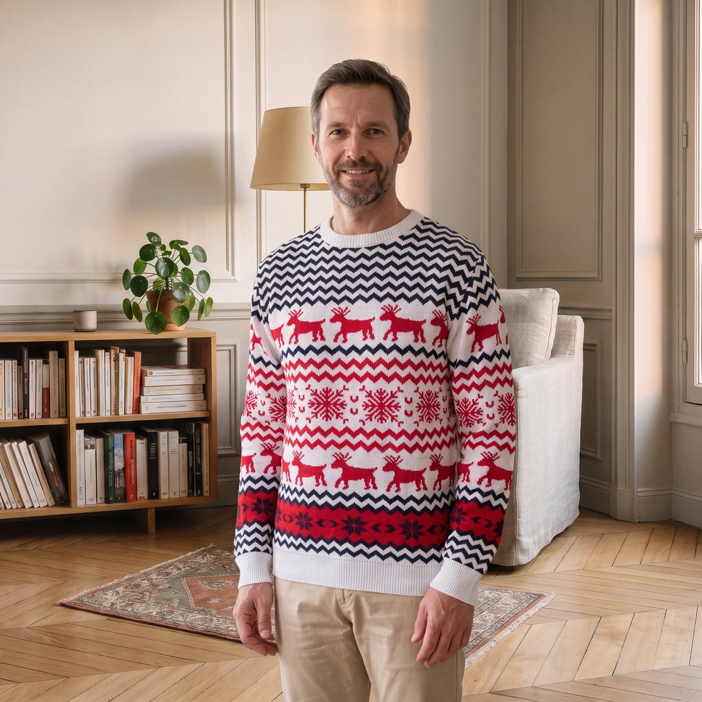Pull de Noël blanc à petits rennes et chevrons modèle homme porté dans le coin lecture