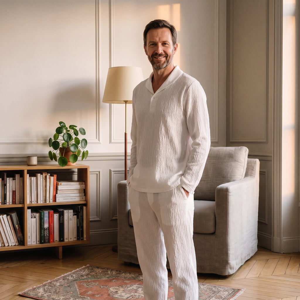 Homme dans un coin lecture avec l’ensemble blanc et les mains dans les poches du pantalon