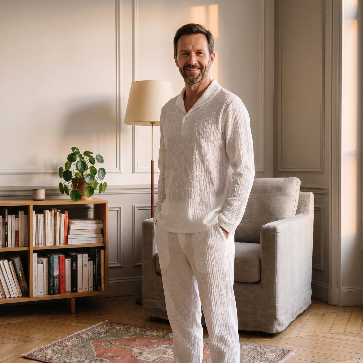 Homme dans un coin lecture avec l’ensemble blanc et les mains dans les poches du pantalon