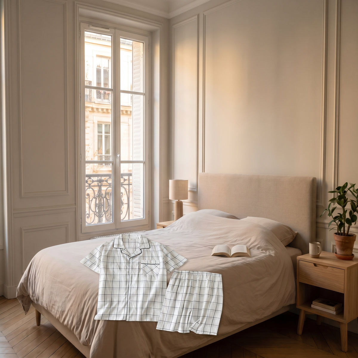 Pyjama d'été blanc à carreaux posé sur un lit dans une chambre lumineuse