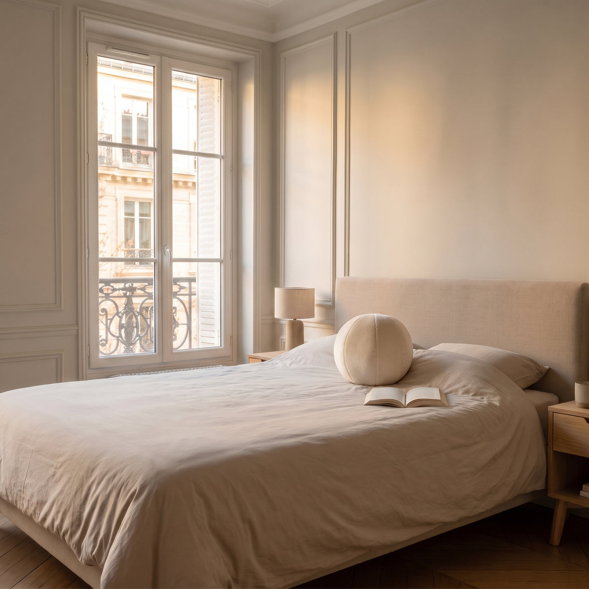 Coussin rond nordique en velours blanc lisse, posé sur un lit