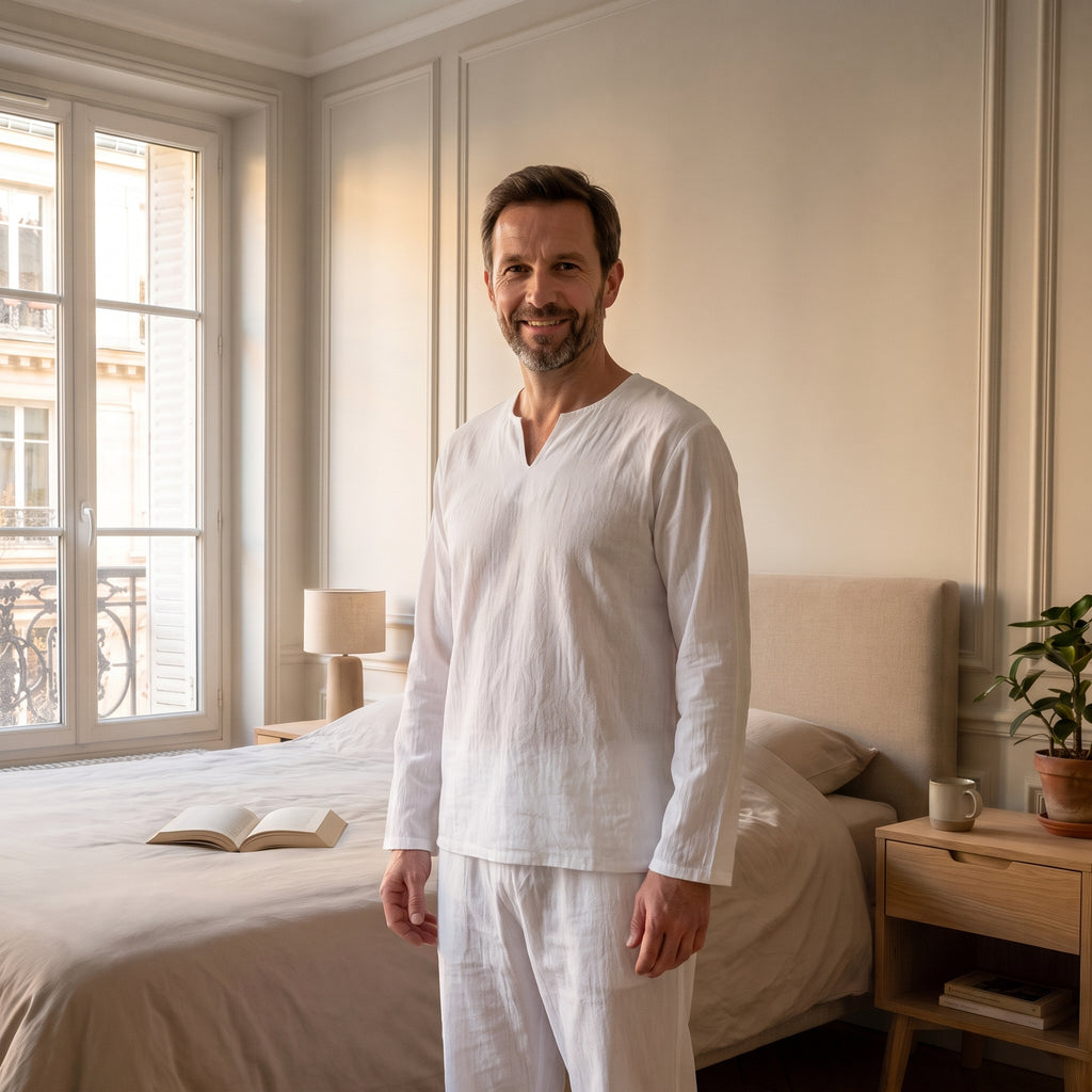 Pyjama homme blanc ample porté dans une chambre lumineuse