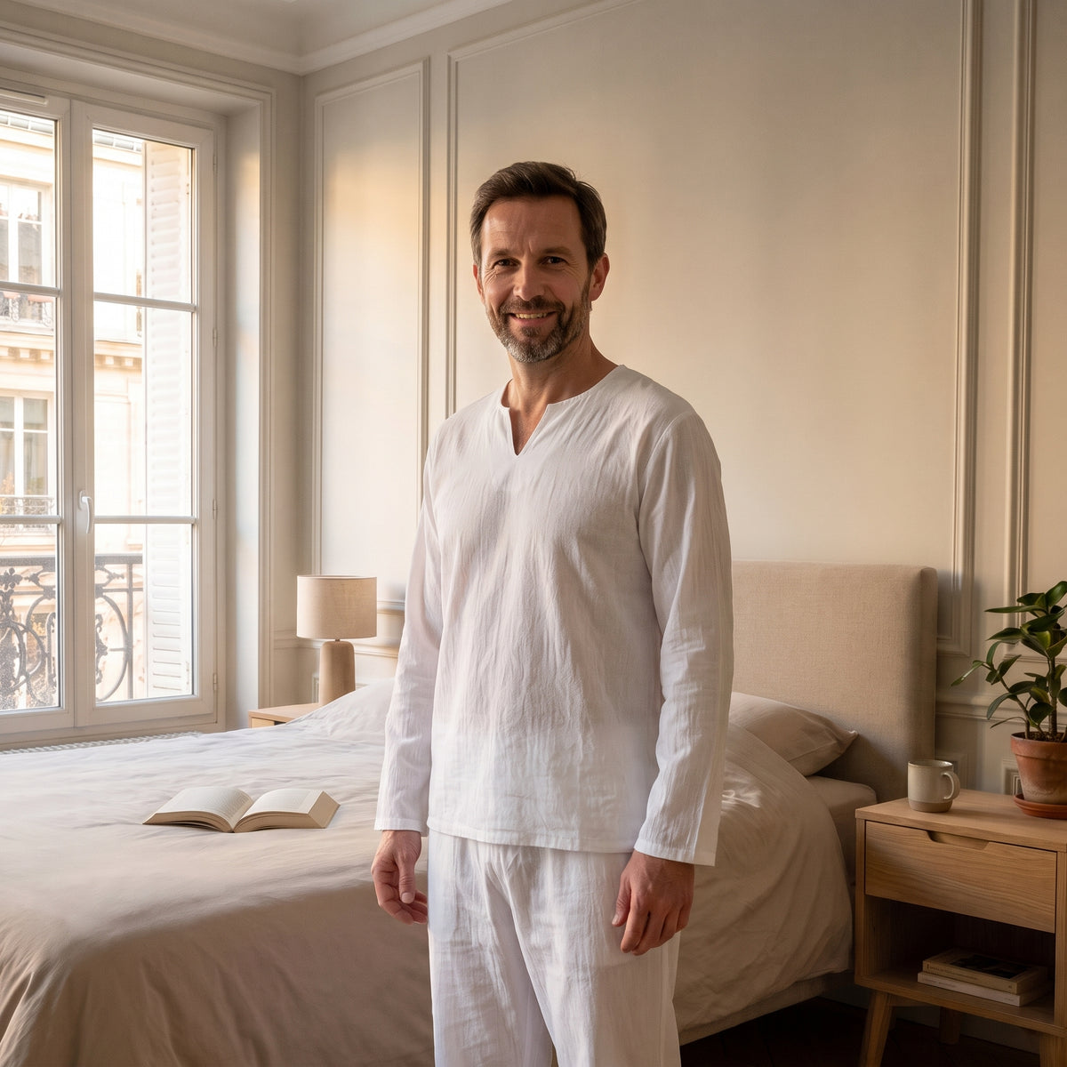 Pyjama homme blanc ample porté dans une chambre lumineuse