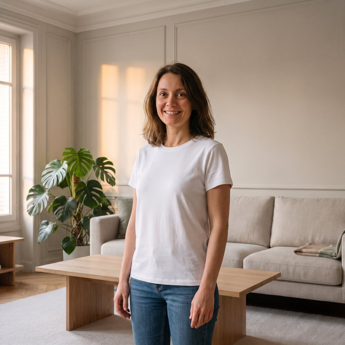 T-shirt blanc en coton porté par une femme debout dans un salon