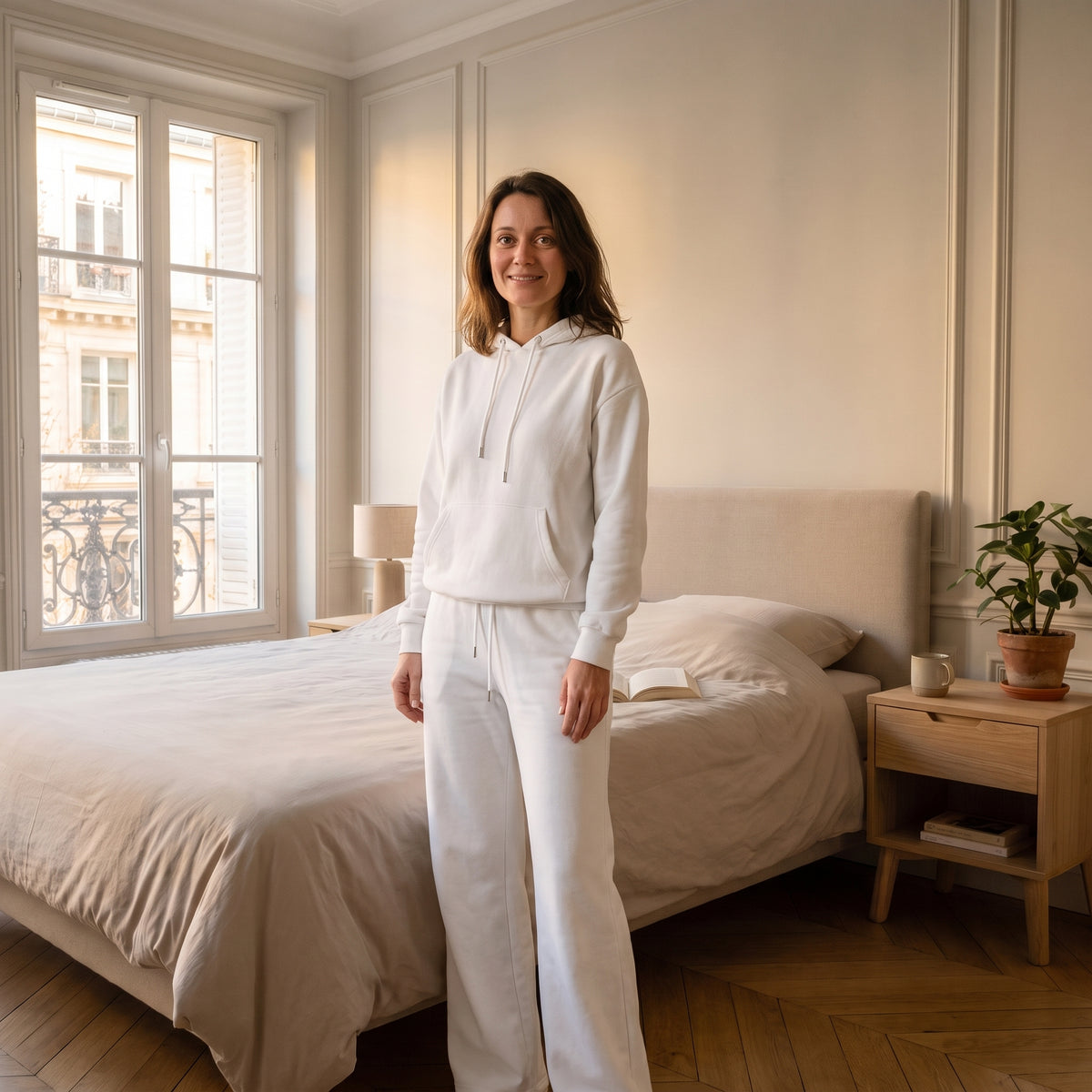 Ensemble jogging femme blanc porté dans un intérieur lumineux