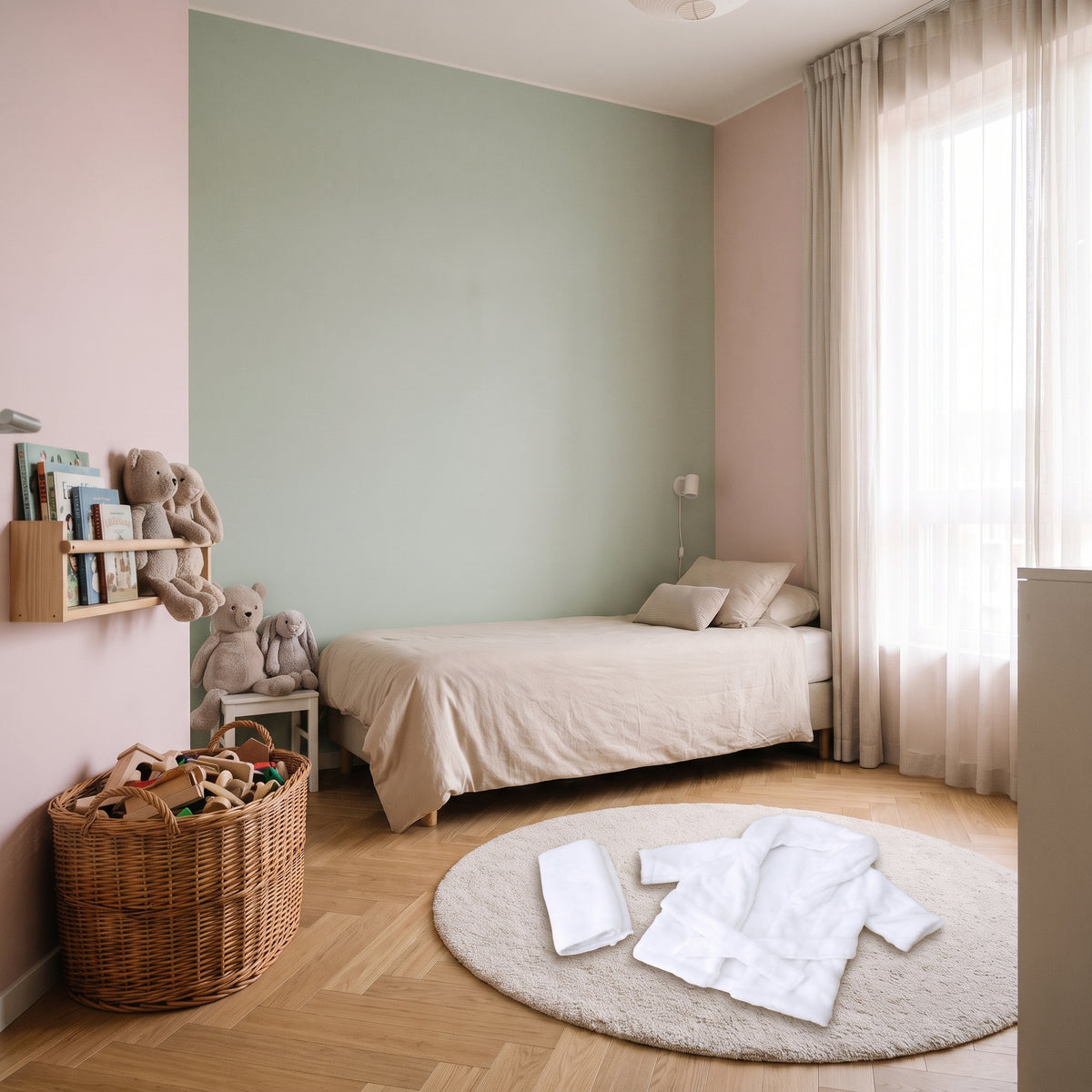 Peignoir de bain bébé blanc à capuche et sa serviette, dépliés sur le tapis de la chambre d'enfant