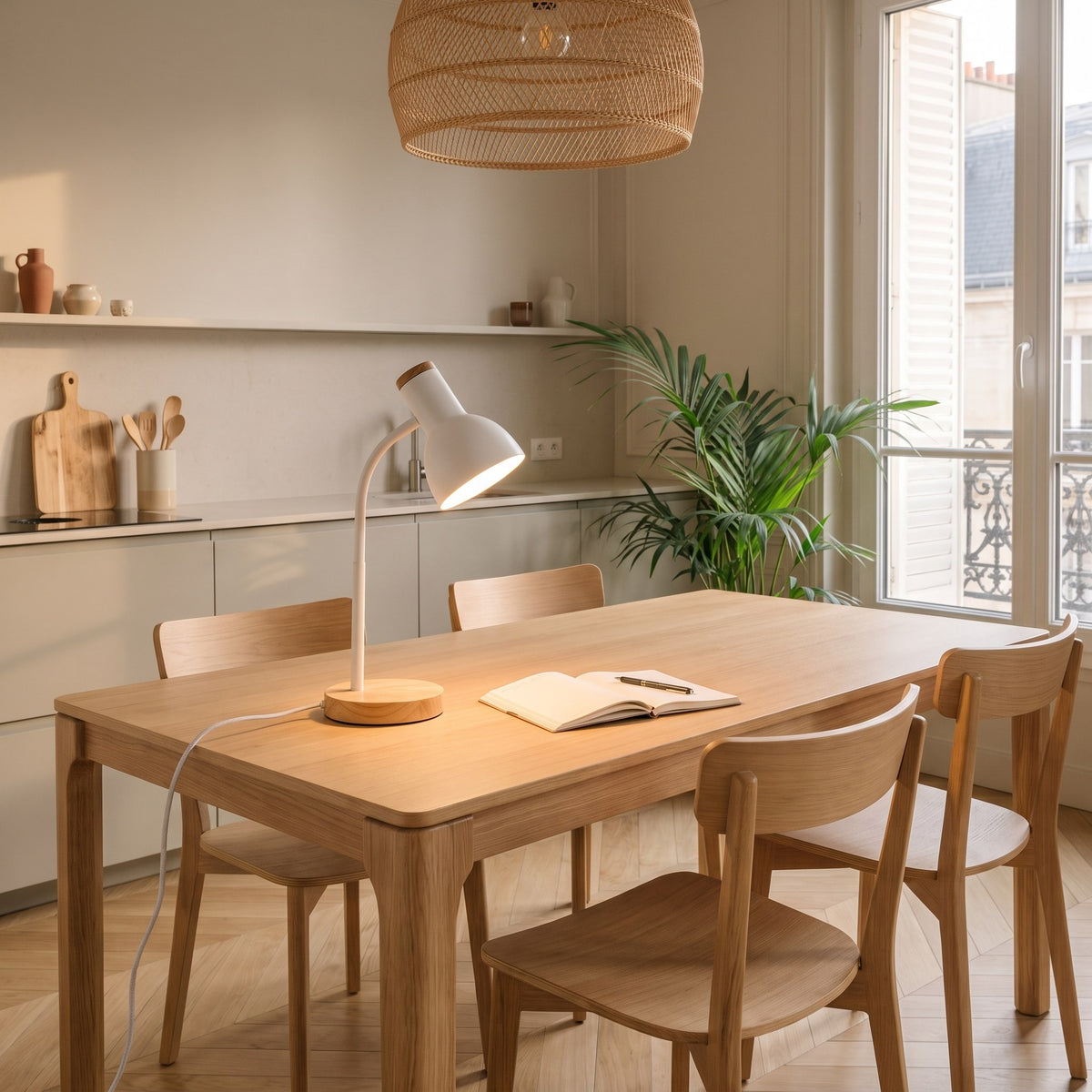 Lampe de bureau blanche éclairant un carnet ouvert sur une table
