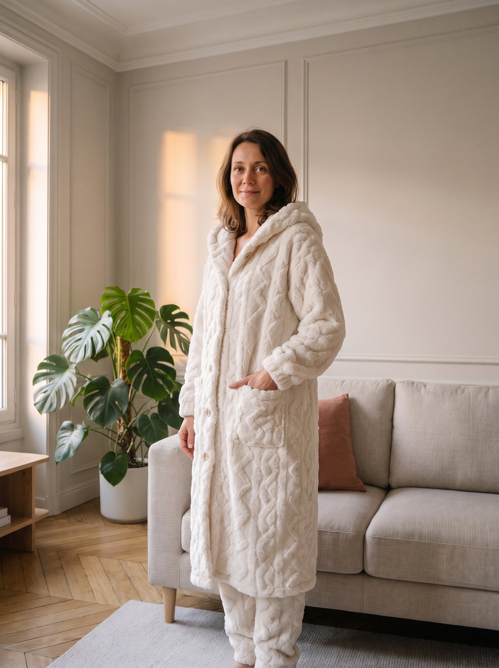 Femme châtain du casting Moment Cocooning portant l'ensemble pyjama blanc avec peignoir à capuche dans le salon