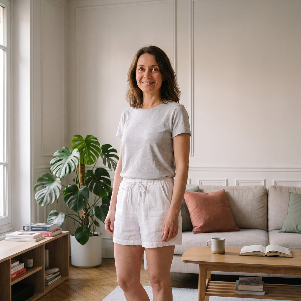 Short femme en coton et lin blanc porté dans un salon