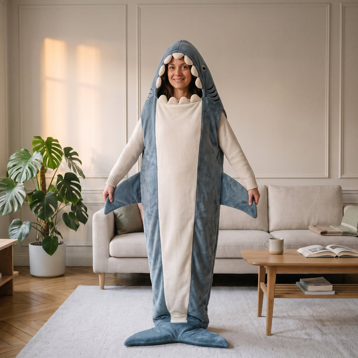 Femme debout portant le plaid requin bleu-gris, capuche relevée, les bras hors du sac, dans un salon
