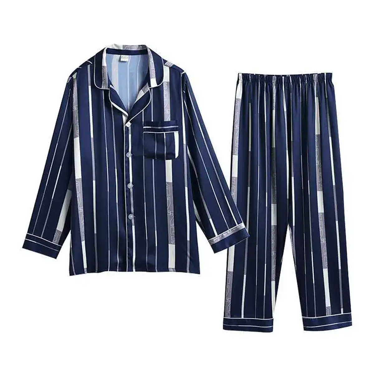Ensemble pyjama bleu et blanc à rayures posé à plat