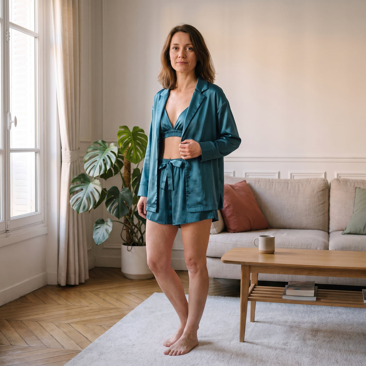 Pyjama trois pièces en satin bleu canard porté en pied