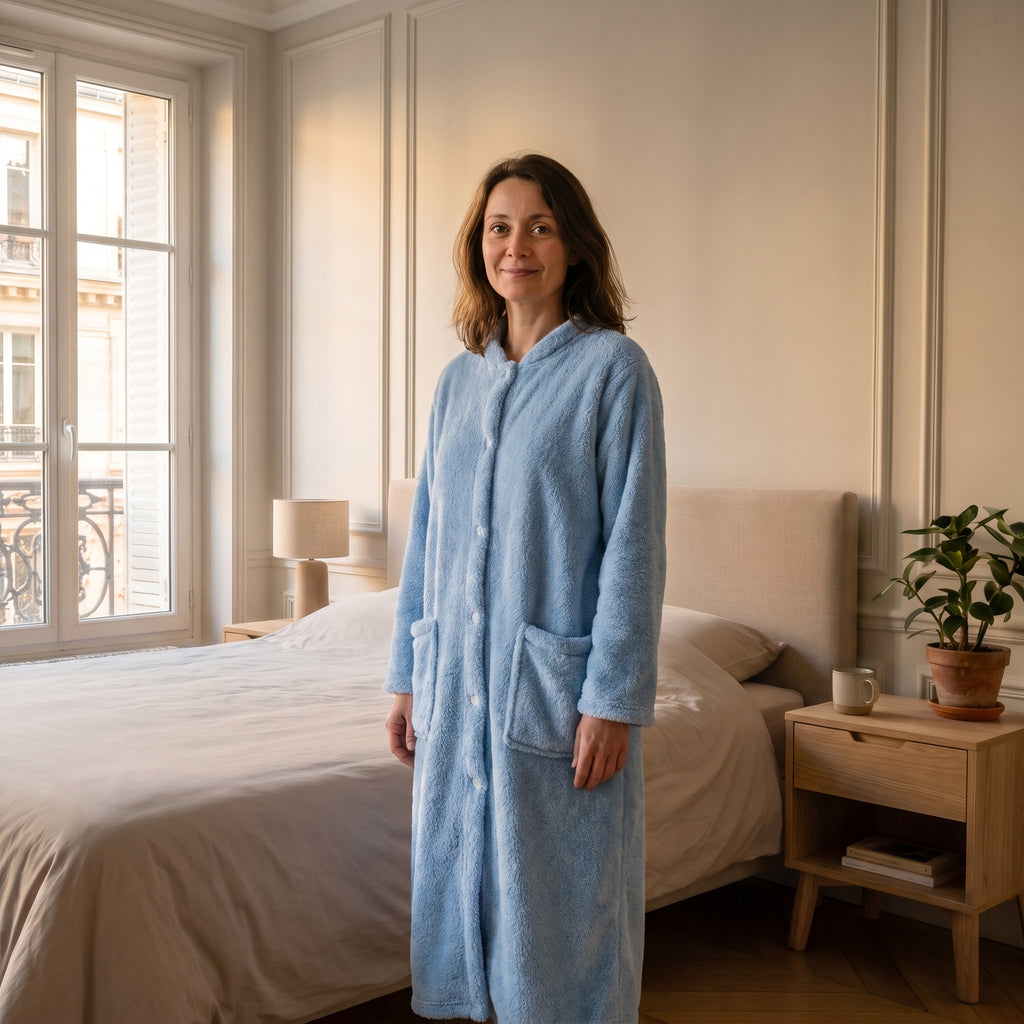 Robe de chambre femme polaire bleu ciel portée dans une chambre lumineuse