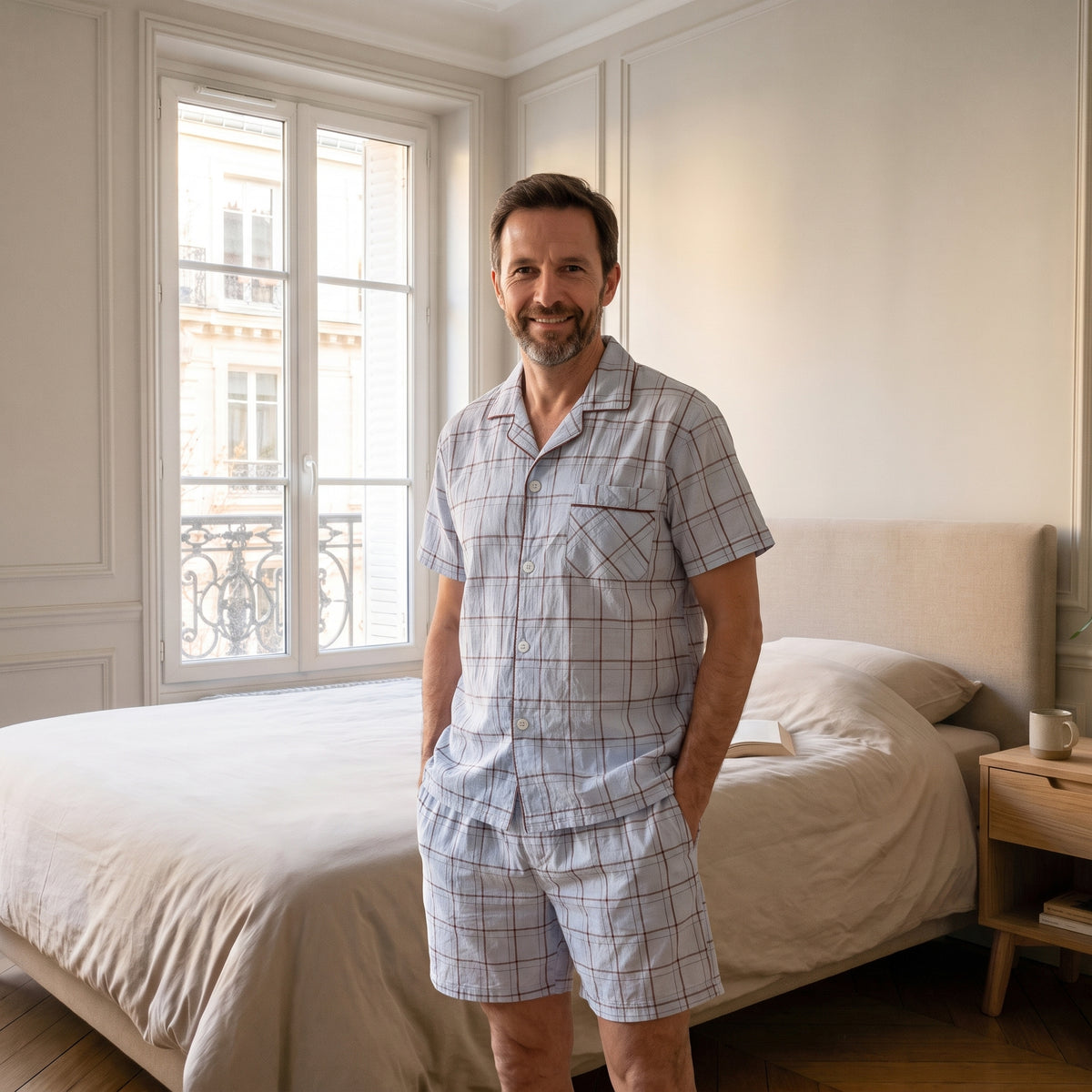 Homme portant le pyjama d'été bleu ciel à carreaux dans une chambre lumineuse