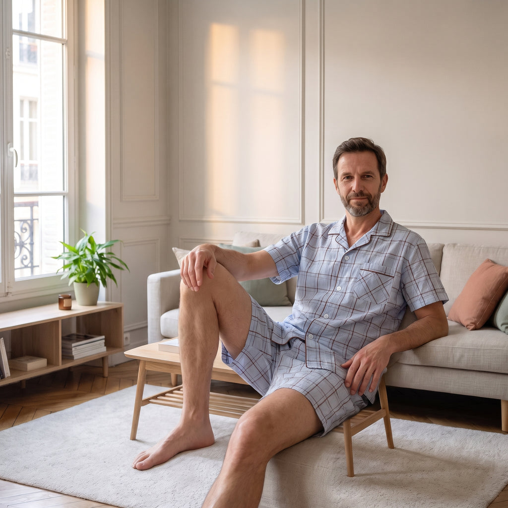 Homme assis au salon avec le pyjama d'été bleu ciel à carreaux