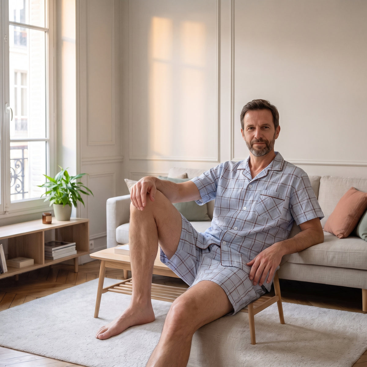 Homme assis au salon avec le pyjama d'été bleu ciel à carreaux