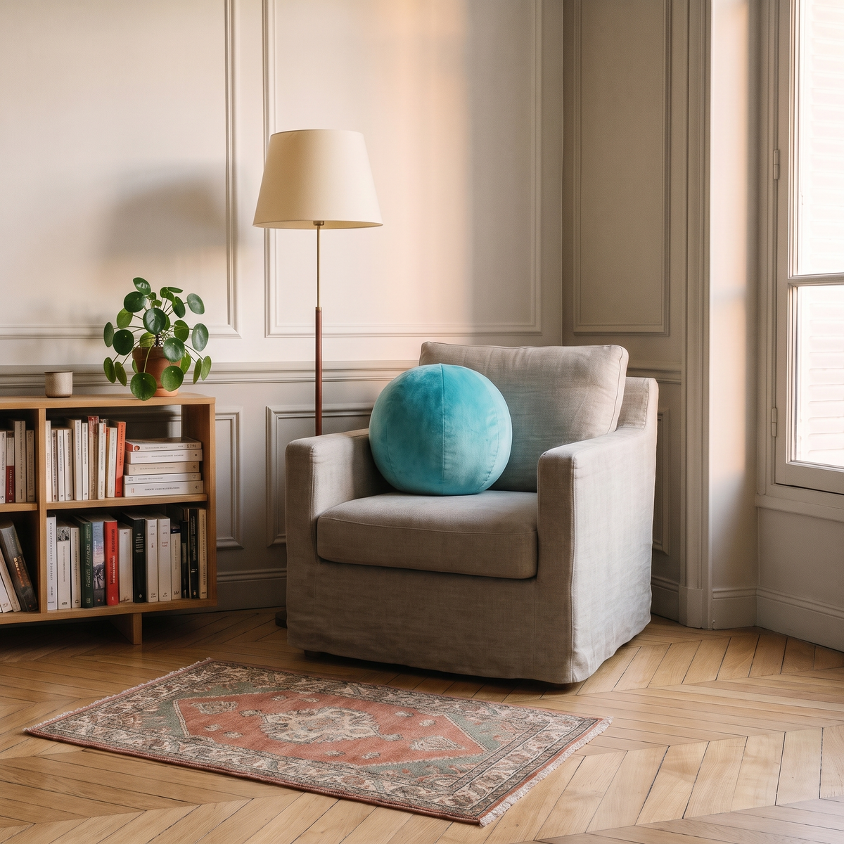 Coussin rond nordique en velours bleu clair, posé dans un fauteuil de lecture