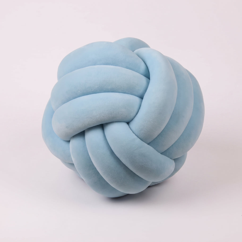 Coussin nœud en velours bleu clair, boule tressée de 20 cm
