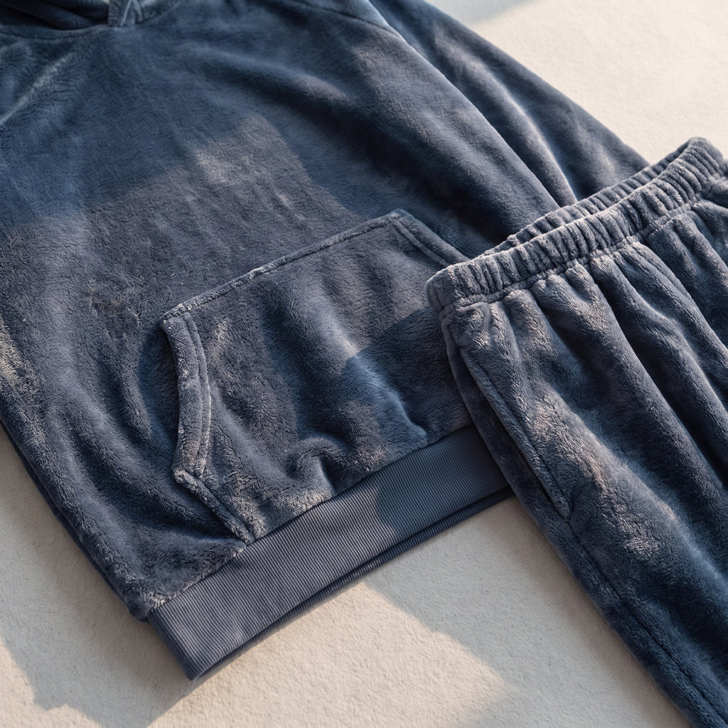Détail de la poche kangourou et de la taille élastiquée du pyjama bleu