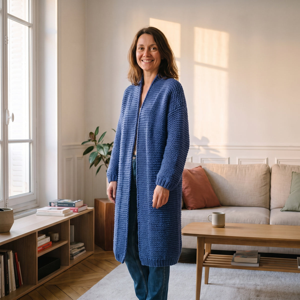Cardigan long femme bleu porté