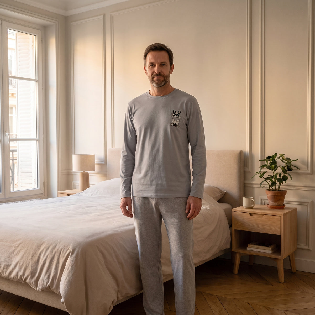 Pyjama homme bleu clair et gris porté