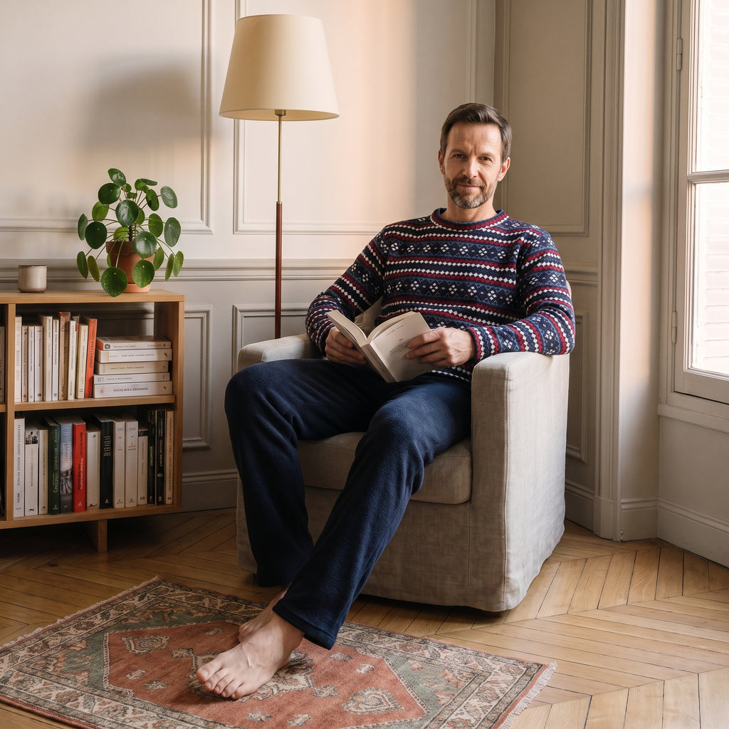 Homme lisant dans un fauteuil, haut de pyjama polaire à jacquard marine, rouge et blanc