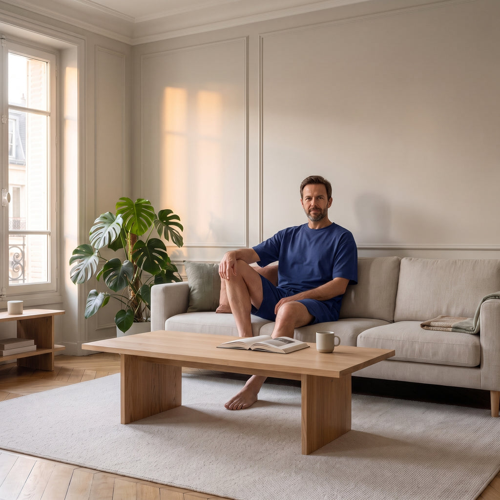 Homme du casting assis dans le salon avec l’ensemble bleu à t-shirt et short