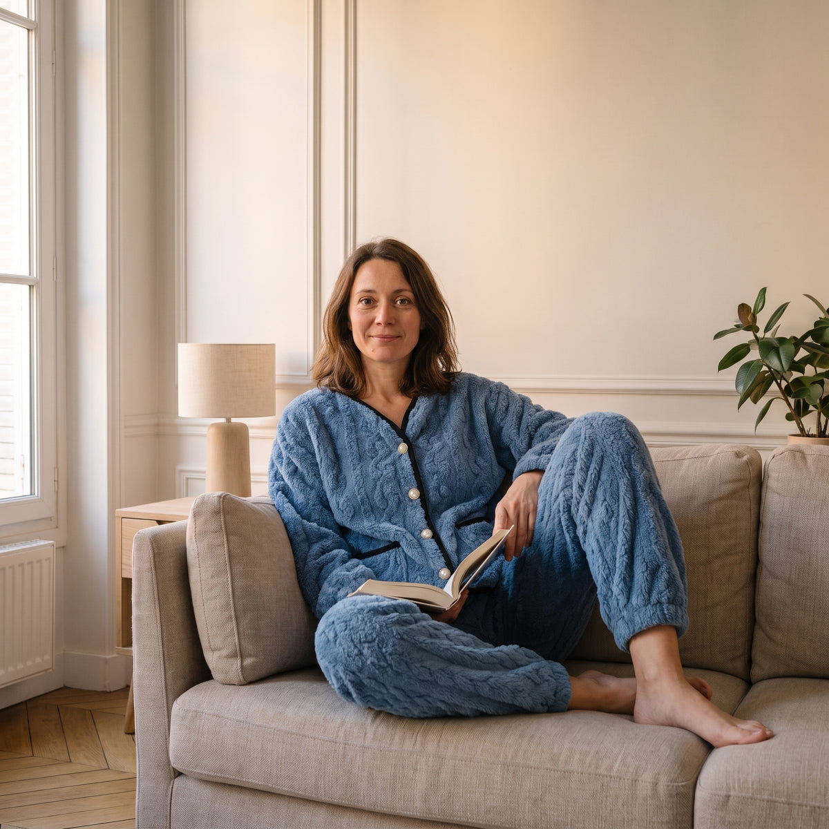 Femme en pyjama bleu torsadé lisant dans un fauteuil