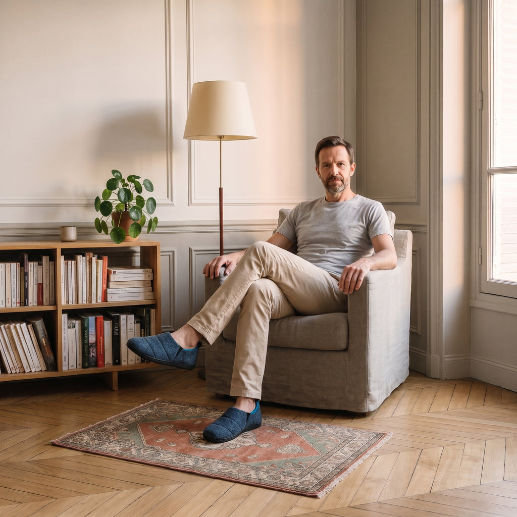 Chaussons homme bleu marine portés dans un coin lecture lumineux