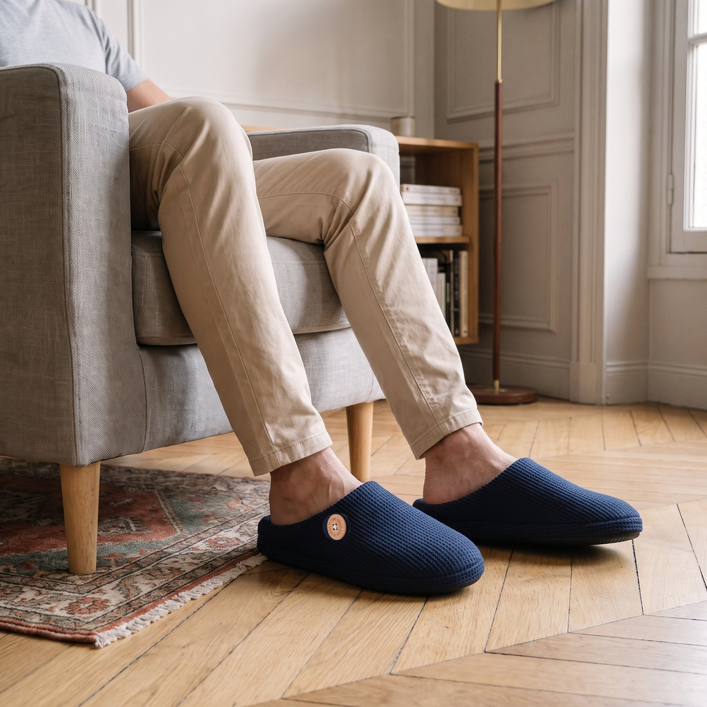 Chaussons homme bleu marine portés dans le salon