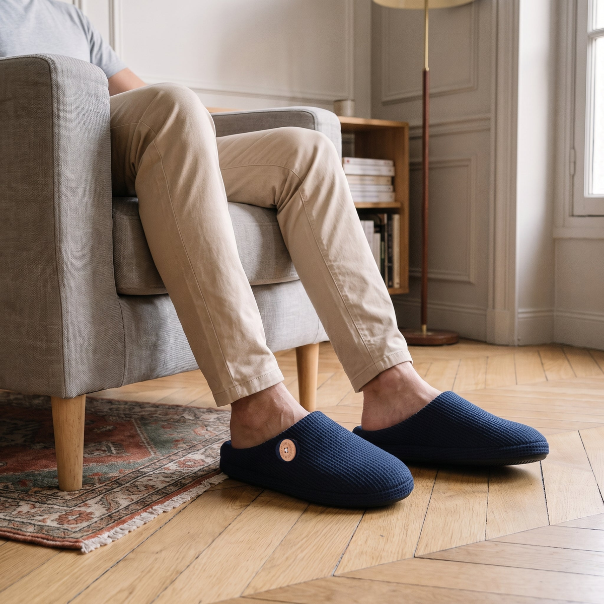 Chaussons homme bleu marine portés dans le salon