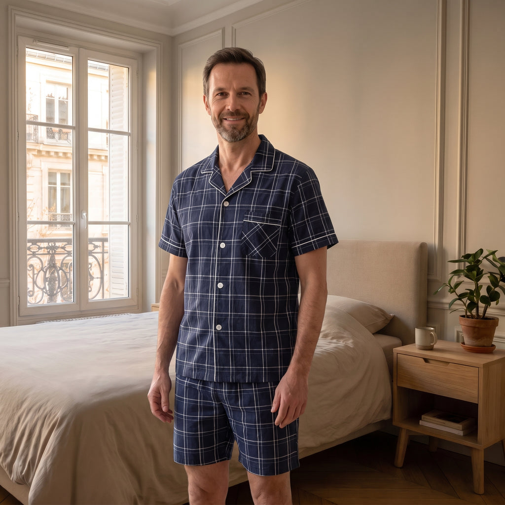 Homme debout portant le pyjama d'été bleu marine à carreaux, short visible