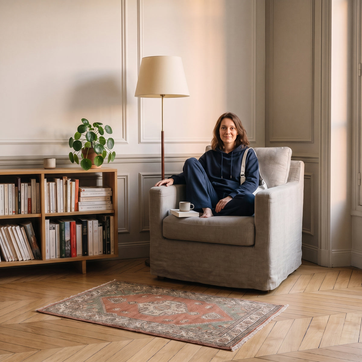 Ensemble jogging femme bleu marine porté dans un intérieur lumineux