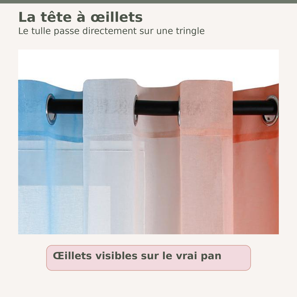 Œillets du rideau transparent dégradé bleu et orange sur une tringle