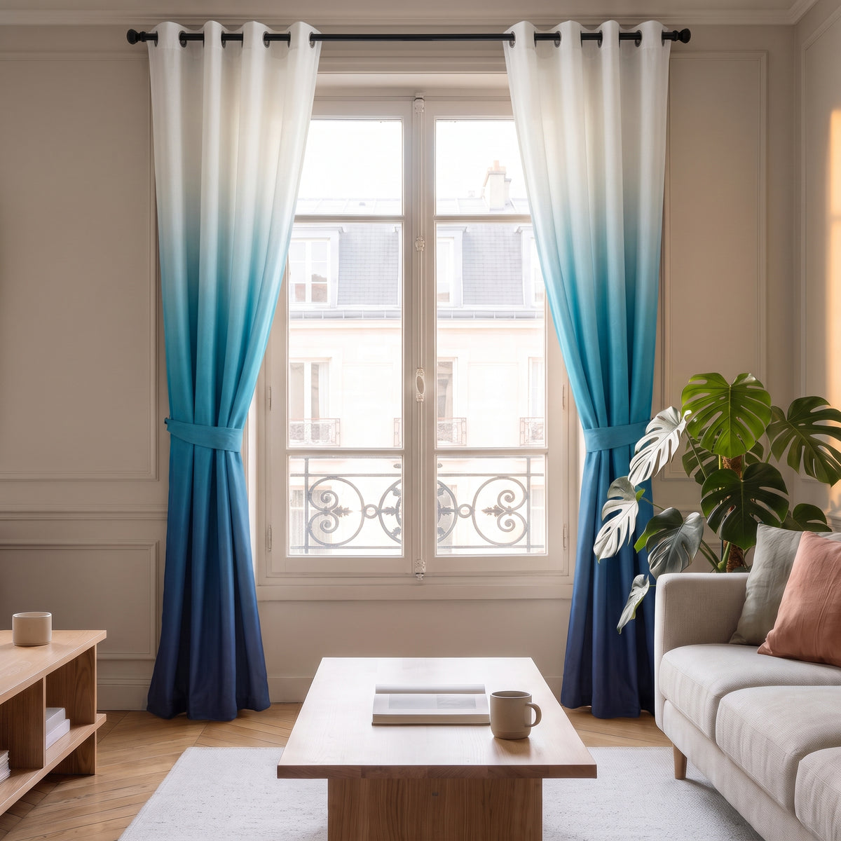 Rideau occultant en velours bleu dégradé ouvert de chaque côté d'une fenêtre de salon
