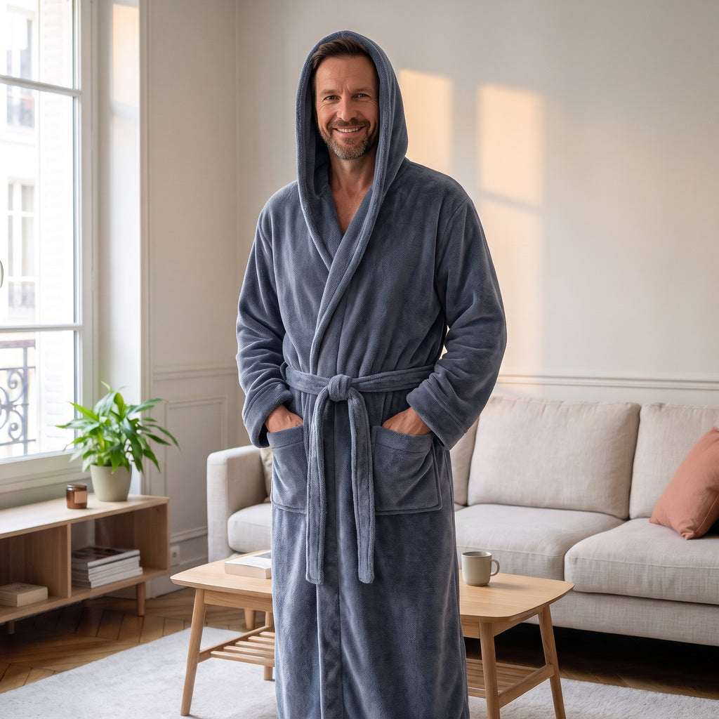 Homme portant une robe de chambre longue bleue dans un salon lumineux