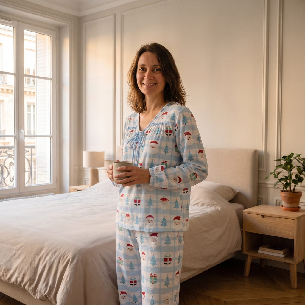 Pyjama de Noël femme bleu ciel à motifs festifs porté dans une chambre lumineuse