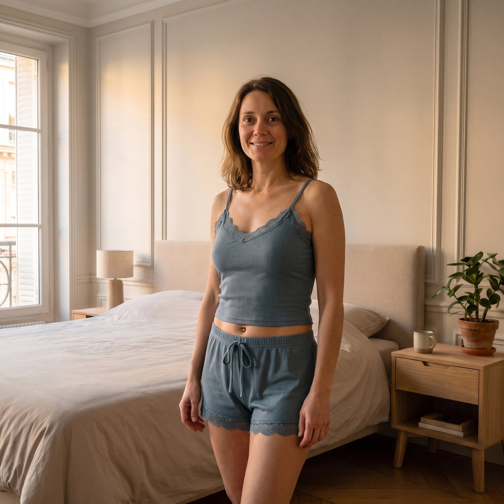 Femme du casting portant le pyjama court bleu en coton côtelé dans une chambre lumineuse