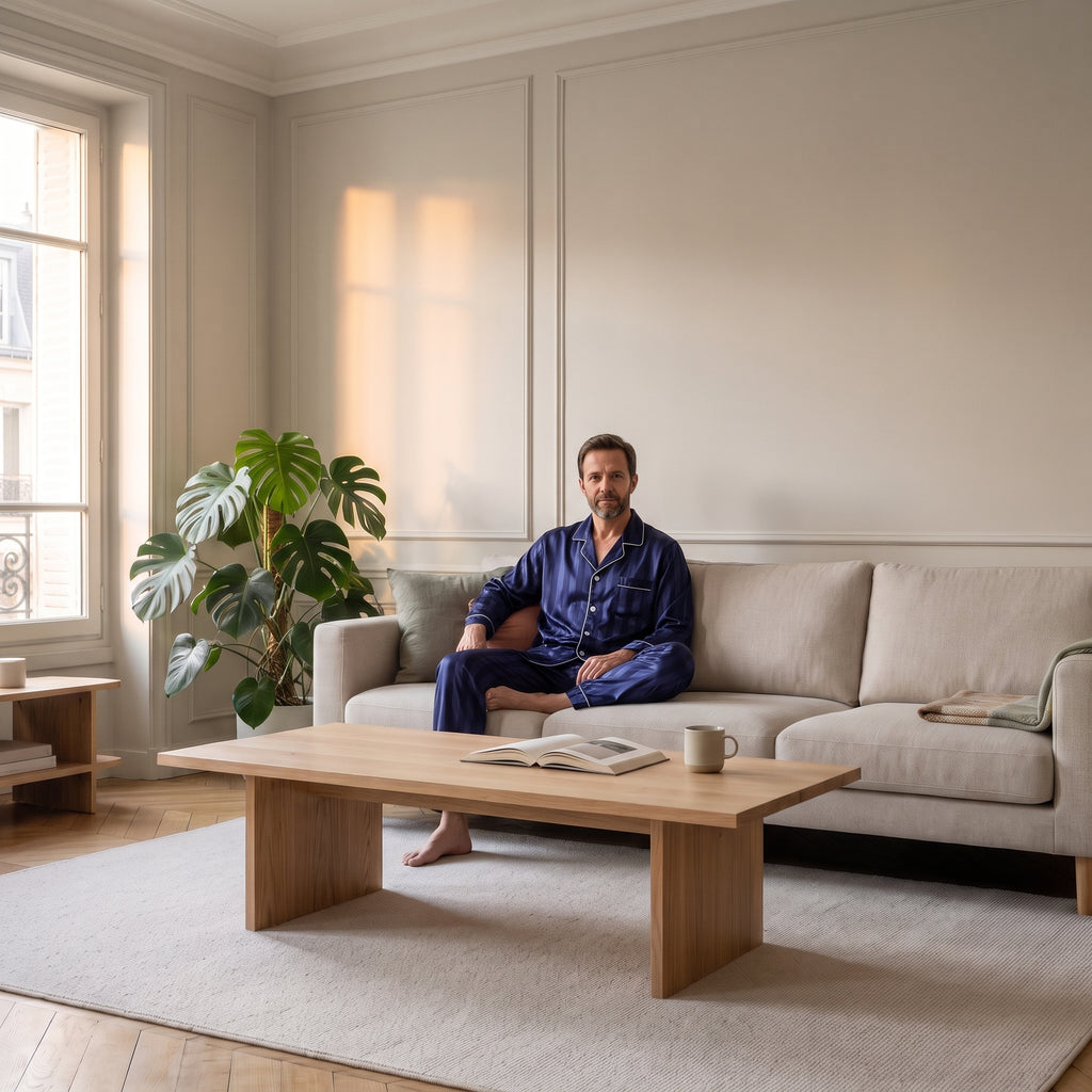 Homme du casting portant le pyjama bleu assis dans le salon