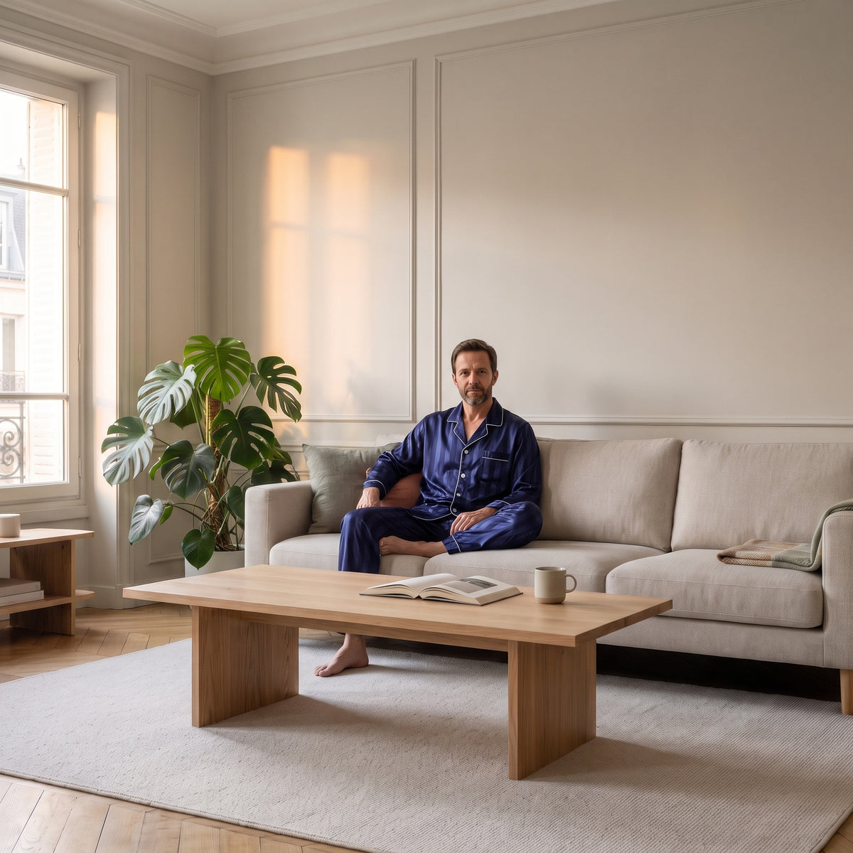 Homme du casting portant le pyjama bleu assis dans le salon