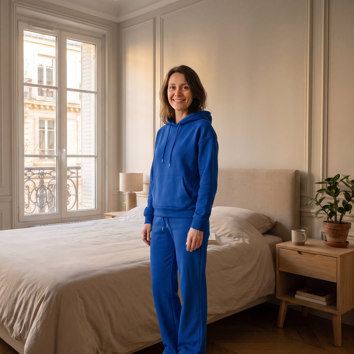 Ensemble jogging femme bleu porté dans un intérieur lumineux