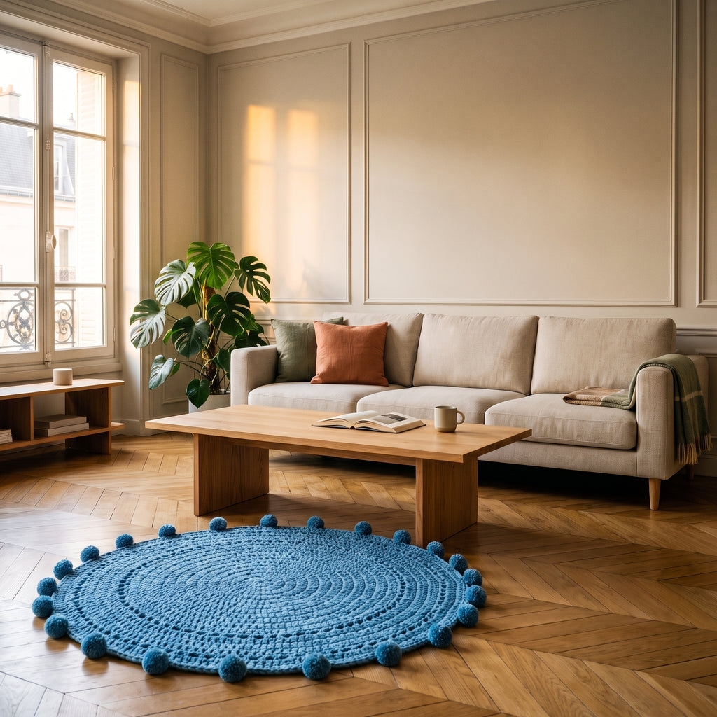 Tapis rond bleu à pompons posé dans un salon près d’une fenêtre